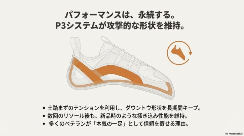 シューズ内部のテンション構造を示すイラスト。土踏まずの力を利用してダウントウ形状を維持し、リソール後も性能を保つ仕組みの解説