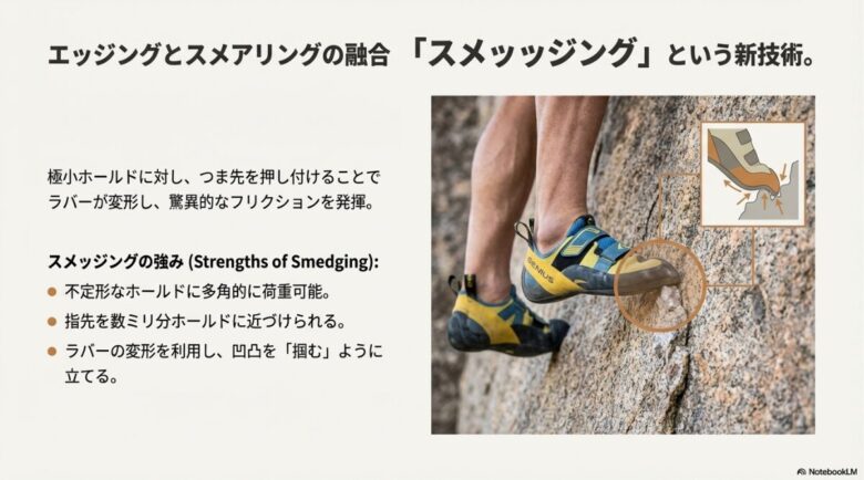 岩場の極小ホールドにつま先を押し付け、ラバーが変形してホールドを掴んでいる様子を拡大した図解と解説。