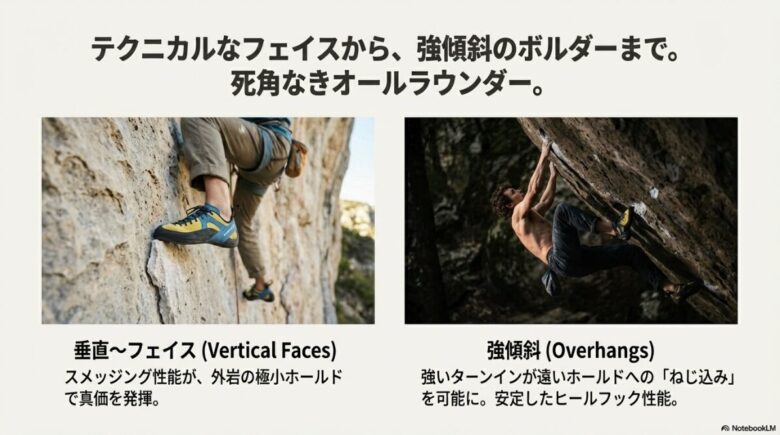 実際に岩場でジーニアスを使用して登っているクライマーの様子。垂直な壁での足置きと、強傾斜での掻き込みの両シーンが紹介されている