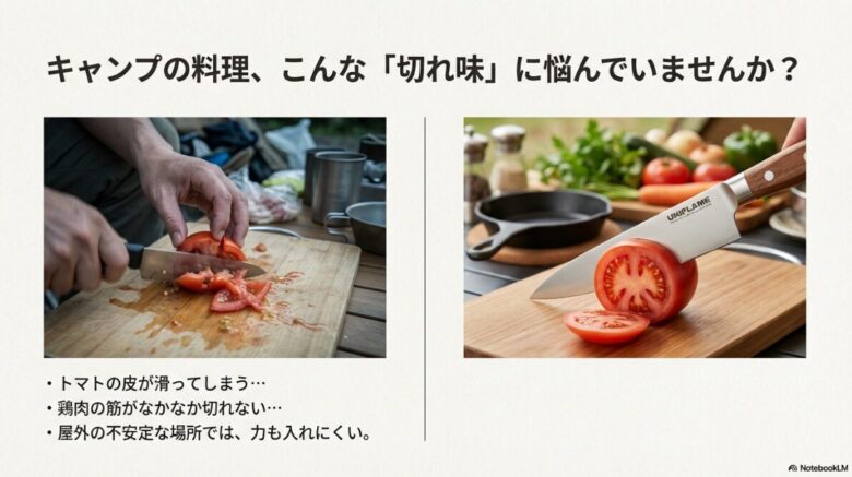 キャンプでトマトをカットする様子と、皮が滑る、筋が切れないといった調理の悩みを提示するスライド画像