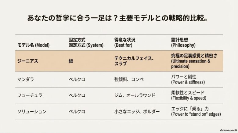 ジーニアス、マンダラ、フューチュラ、ソリューションの4モデルについて、固定方式、得意な状況、設計思想をまとめた比較一覧表