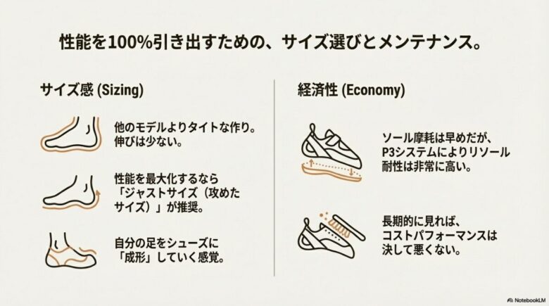 クライミングシューズのメンテナンスをイメージしたアイコン。タイトなサイズ選びの重要性と、P3システムによる高いリソール耐性についての解説。