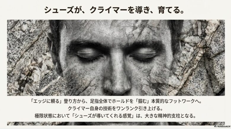 岩の質感とクライマーの顔が重なったアーティスティックな画像。「エッジに頼る」から「掴む」フットワークへの進化と、精神的支柱としてのシューズを表現