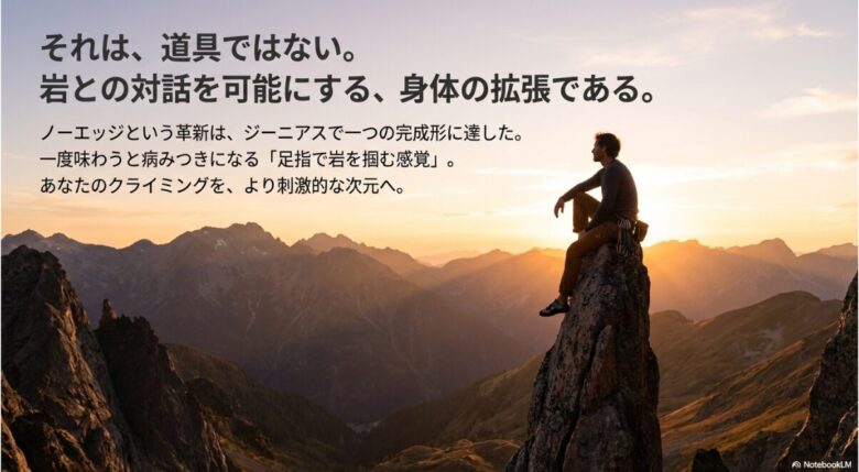 ジーニアスがノーエッジの完成形であることを示し、足指で岩を掴む感覚でクライミングを新しい次元へ導くという結びのスライド