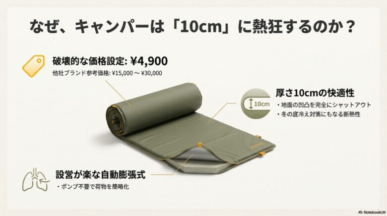 ワークマン10cmマットの価格4,900円、自動膨張式、断熱性の高さを説明する比較スライド