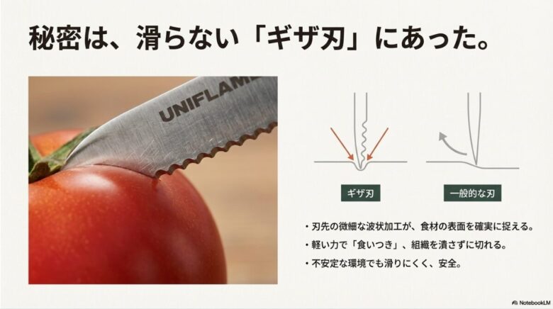 ギザ刃がトマトの表面に食いつく接写画像と、一般的な刃との切断メカニズムの違いを比較した図解スライド