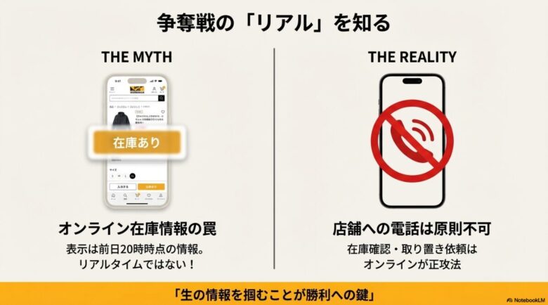 店舗への電話は原則不可であり、オンライン在庫はリアルタイムではないことを警告するスライド