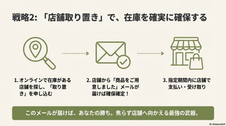 オンライン予約から確保メール、店舗受け取りまでの流れをアイコンで解説したスライド