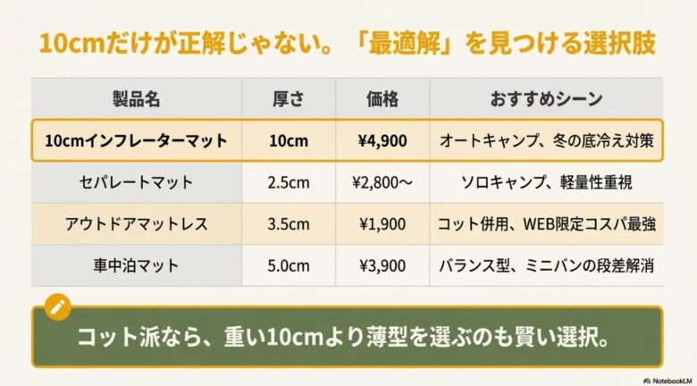 10cm、2.5cm、3.5cm、5.0cm各モデルの厚さと価格、おすすめシーンをまとめた表
