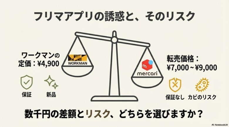 定価購入の保証ありと転売品の保証なし・カビのリスクを対比させた比較画像