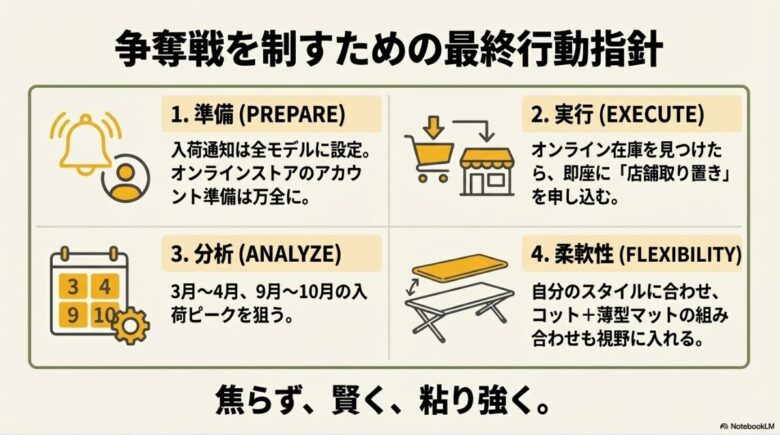 準備（PREPARE）、実行（EXECUTE）、分析（ANALYZE）、柔軟性（FLEXIBILITY）の4ステップ