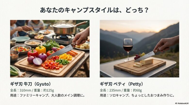 大人数での調理に適した牛刀と、ソロキャンプに便利なペティナイフの用途とスペックを比較したスライド画像