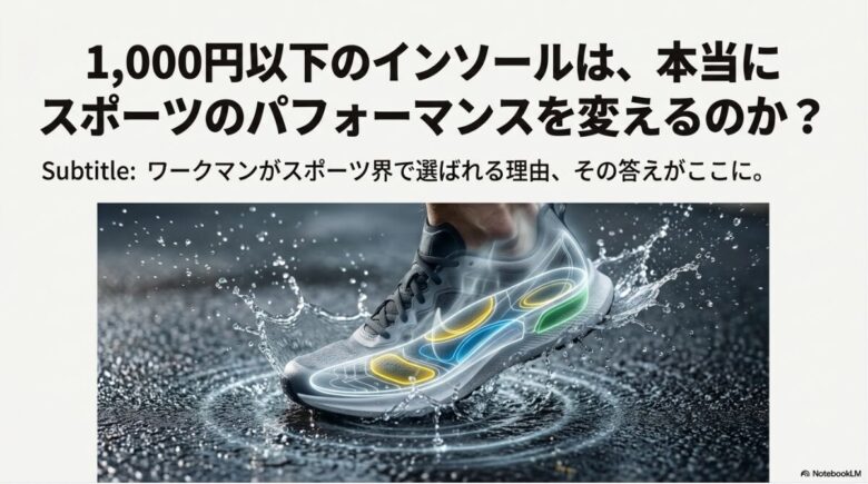 「1,000円以下のインソールはスポーツのパフォーマンスを変えるのか？」という問いかけと、水しぶきの中を走るシューズのイメージ画像