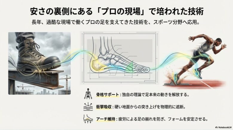 過酷な建設現場での技術をスポーツへ応用し、骨格サポート、衝撃吸収、アーチ維持を実現する仕組みを解説するイラスト