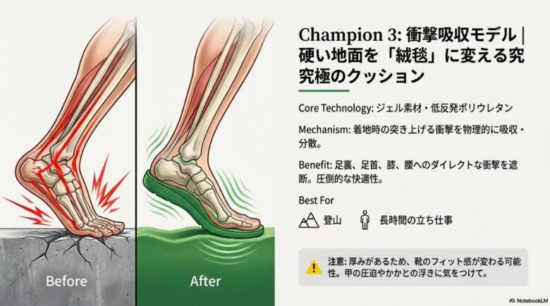 ジェル素材や低反発ポリウレタンが着地時の衝撃を物理的に吸収・分散し、登山や立ち仕事での快適性を高める仕組みのビフォーアフター比較図
