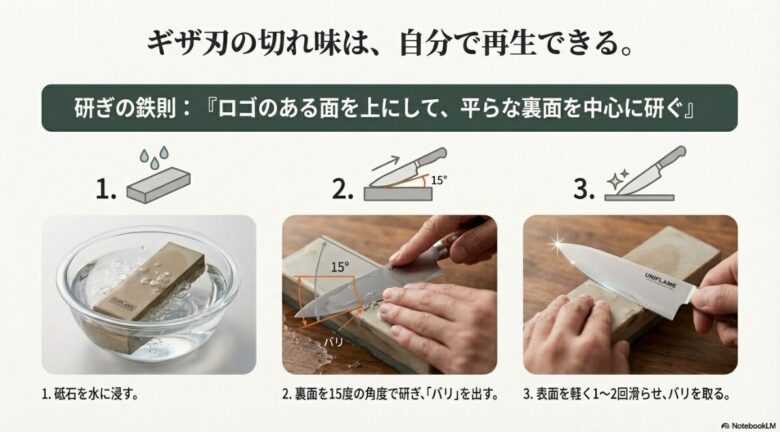 砥石を水に浸す工程から、裏面を15度の角度で研いでバリを出す手順を写真で解説したスライド画像