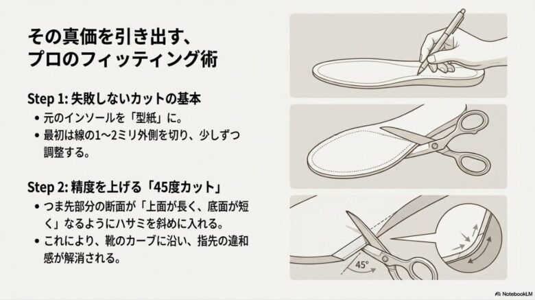 元のインソールを型紙にする基本のカット方法と、指先の違和感を解消するためにつま先を斜めに切る「45度カット」の図解