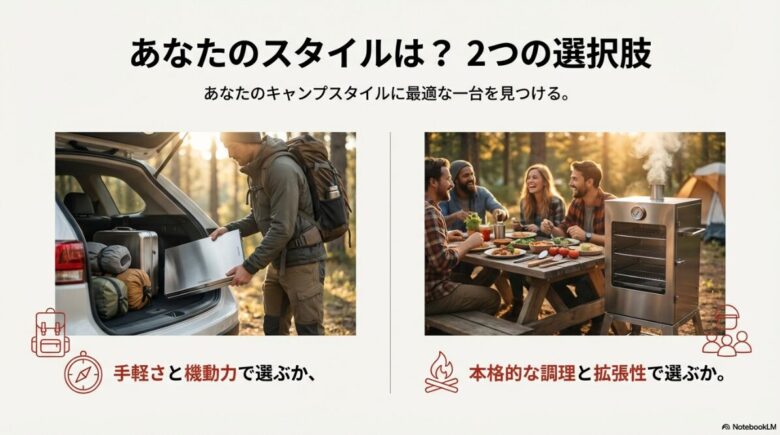 屋外で仲間と食事を楽しむシーンと、ユニフレームの2つのスモーカー（手軽派・本格派）を選択肢として提示するイメージ 。