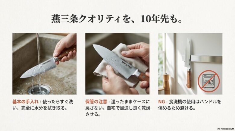 水洗い、乾燥、保管方法の注意点と、食洗機使用禁止のアイコンを表示したメンテナンス解説スライド