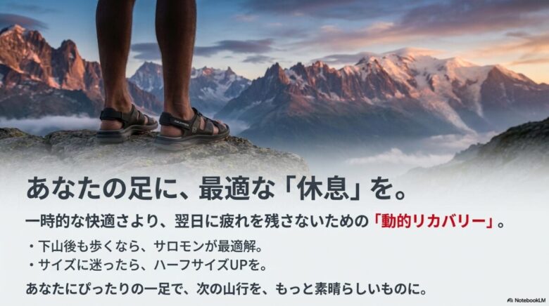 「下山後も歩くならサロモンが最適解」という結論と、ハーフサイズUPを推奨するメッセージ。