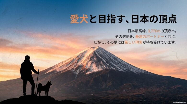 富士山頂3,776mを目指す愛犬との登山の夢と厳しい現実を伝えるイメージ画像