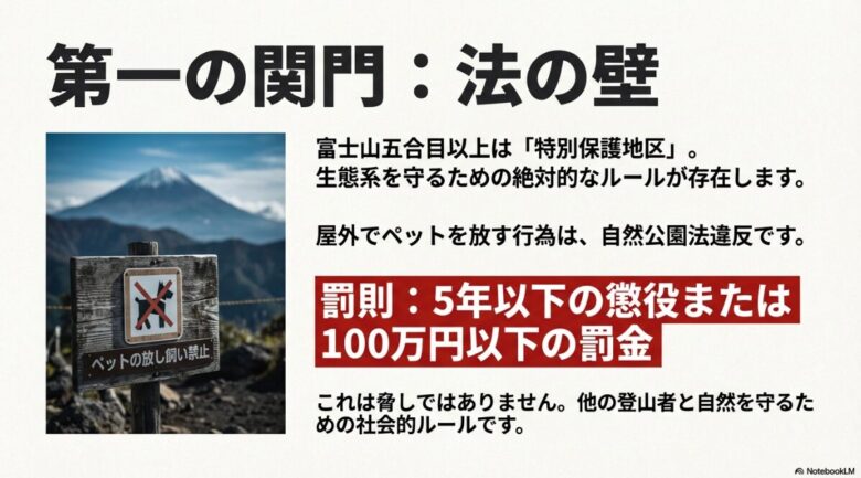 富士山五合目以上の特別保護地区におけるペットの放し飼い禁止看板と、違反時の罰則（5年以下の懲役または100万円以下の罰金）を説明する図解