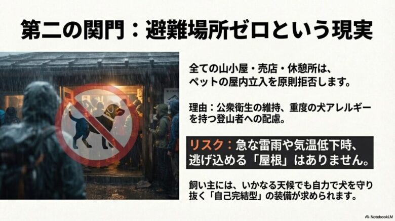 雨の中の山小屋前で立ち往生するイメージと、ペットの屋内立ち入り原則拒否、逃げ込める屋根がないリスクを伝えるスライド