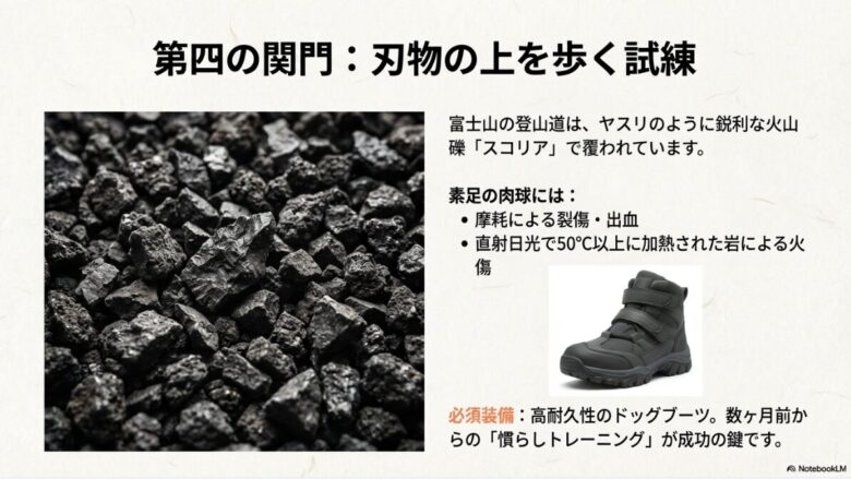 富士山の鋭利な火山礫「スコリア」の拡大写真と、肉球を保護する高耐久ドッグブーツの必要性を説明する画像