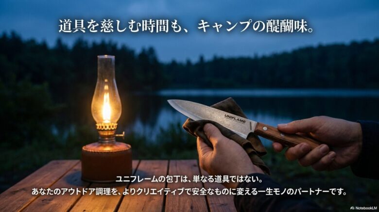 暖かなランタンの火を背景に、道具を慈しむキャンプの醍醐味とユニフレームの包丁が一生モノであることを伝えるメッセージスライド