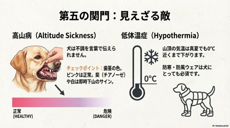 犬の歯茎の色で見る高山病チェック（ピンクは正常、紫・白は危険）と、山頂の低温（0℃）による低体温症のリスクを説明するイラスト