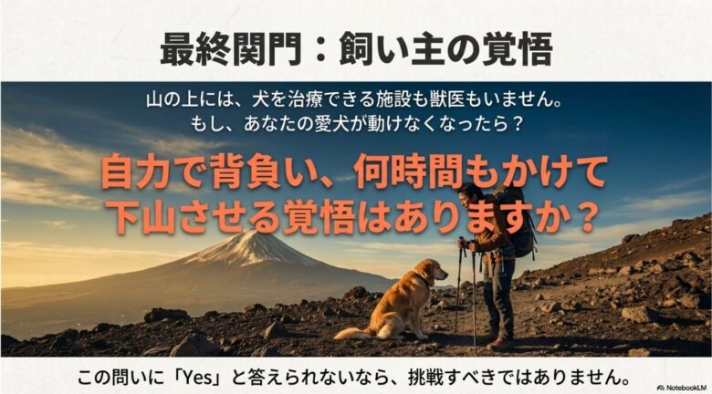 動けなくなった愛犬を背負って下山する覚悟を問うスライド