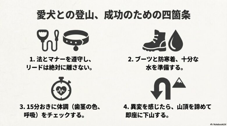 富士山登山成功のための4つのアイコン（リード遵守、装備準備、15分おきの体調チェック、異変時の下山）をまとめたスライド