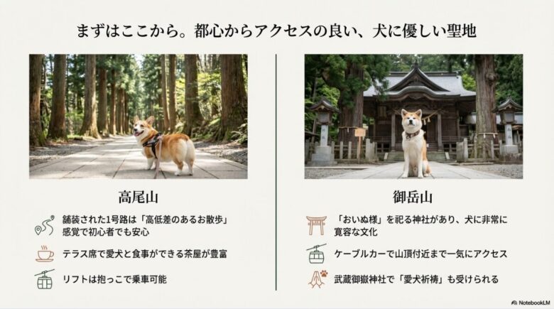 高尾山の1号路と御岳山の武蔵御嶽神社で座る犬の写真。それぞれの山での犬連れ登山のメリットが解説されたスライド