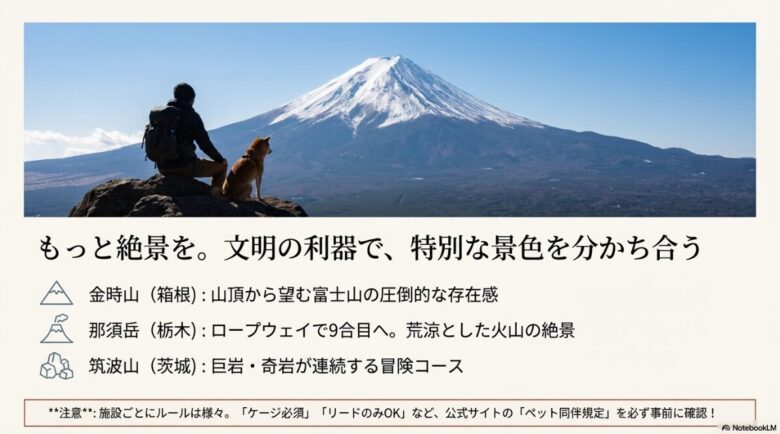 山頂から富士山を眺める飼い主と愛犬の後ろ姿。金時山、那須岳、筑波山の魅力と、ペット同伴規定の確認を促す注意書き