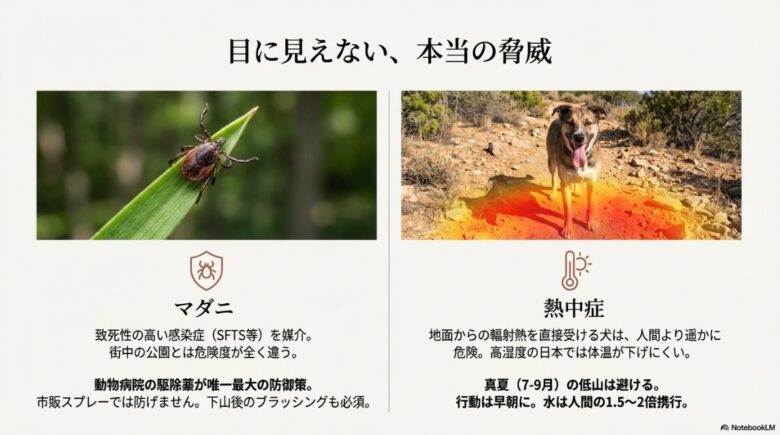葉の上にいるマダニの拡大写真と、暑そうにしている犬の写真。マダニの感染症リスクと熱中症対策、水の携行量についての解説スライド