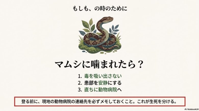 マムシのイラストと、噛まれた時の応急処置（吸い出さない、安静にする、動物病院へ行く）が記載されたスライド