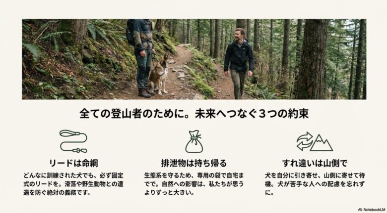 山道を愛犬と歩く登山者の写真。リード着用、排泄物の持ち帰り、山側でのすれ違いについてのマナー解説スライド