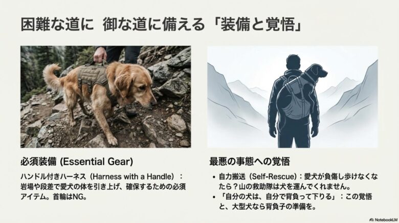 ハンドル付きハーネスを装着した犬の写真と、愛犬を背負って下りる自力搬送のイメージイラスト