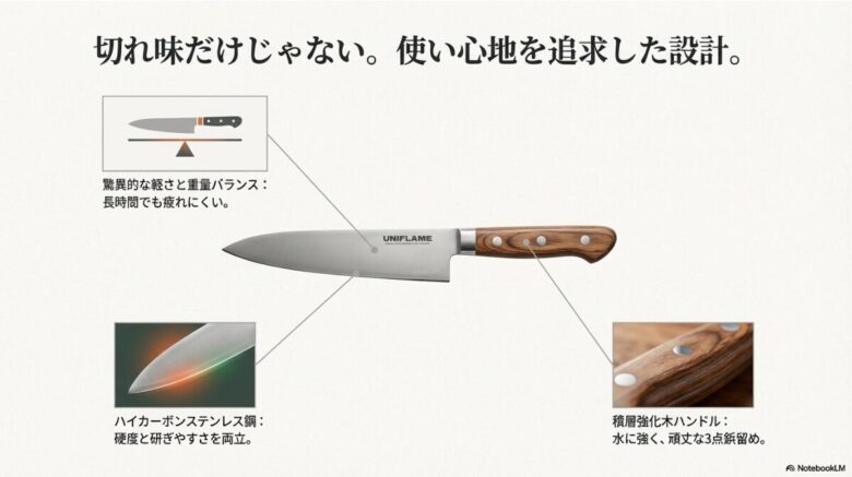 ハイカーボンステンレス鋼のブレードや積層強化木のハンドルなど、各パーツのこだわりと重量バランスを解説したスライド画像
