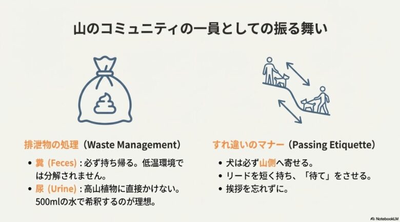 排泄物の処理方法（糞の持ち帰り、尿の希釈）と、登山道でのすれ違い時に犬を山側に寄せるマナーを図解したイラスト