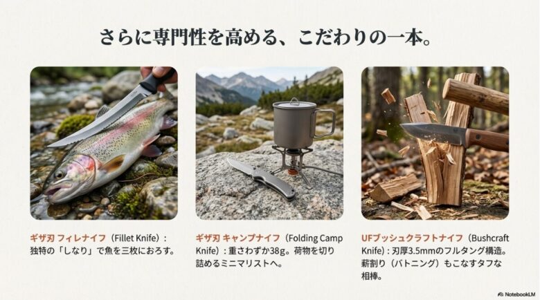 魚を捌くフィレナイフ、軽量な折り畳みナイフ、薪割りをこなすブッシュクラフトナイフの3種を紹介するスライド画像