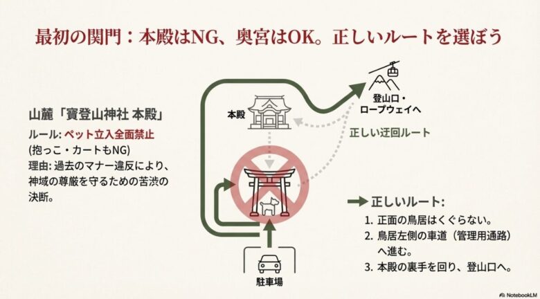 ペット禁止の本殿エリアを避け、駐車場から登山口へ向かう正しい迂回ルートを示した図解スライド