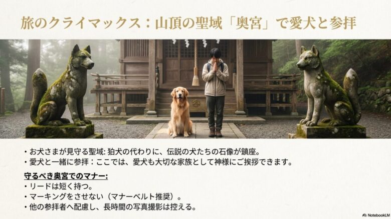 飼い主と犬が奥宮で参拝している写真と、リード保持やマーキング禁止などのマナーを記載したスライド