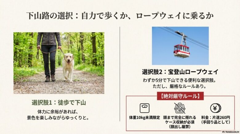 ロープウェイの画像とともに、体重10kg未満限定、頭まで隠れるケース必須などの厳格なルールを説明するスライド