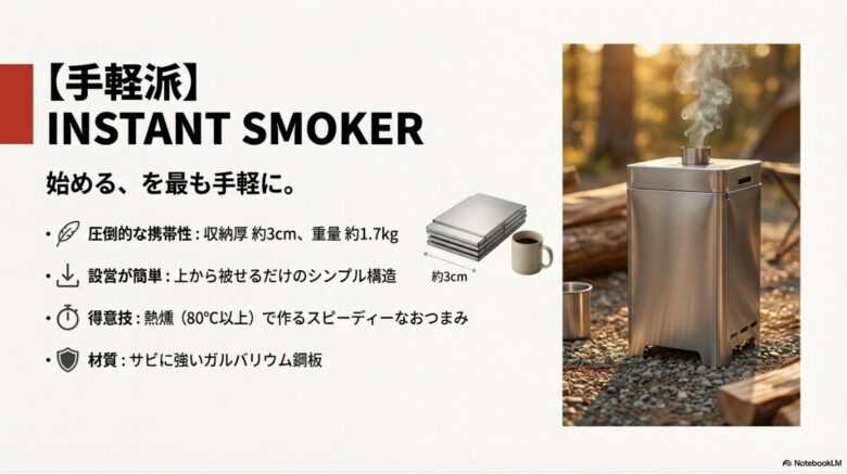 収納厚さ3cm、重量1.7kgという圧倒的な携帯性を解説する、ガルバリウム鋼板製インスタントスモーカーのスライド