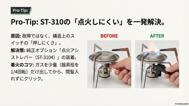 SOTO ST-310に純正オプションの点火アシストレバーを装着する前と後の比較画像、および着火のコツの解説