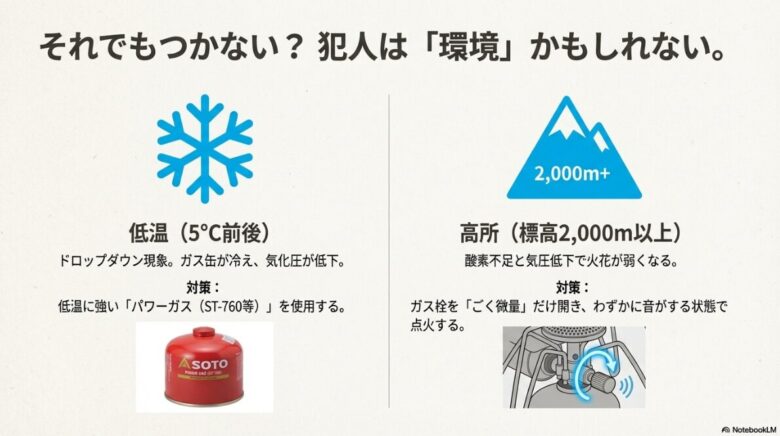 5度前後の低温時のドロップダウン現象対策（パワーガス使用）と、標高2,000m以上の高所での点火テクニックを解説するスライド