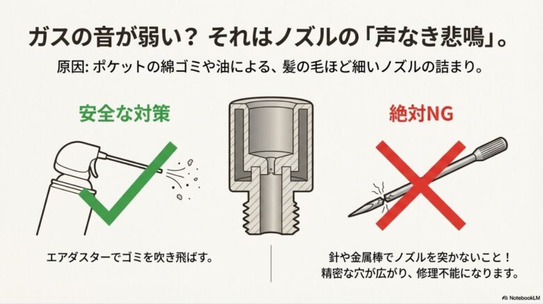 エアダスターでのゴミ吹き飛ばしを推奨し、針や金属棒での清掃を「修理不能になるため絶対NG」と警告する図解