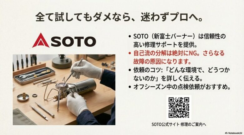 専門スタッフによる修理の様子と、自己流分解の禁止、依頼時に伝えるべき情報のコツをまとめたスライド