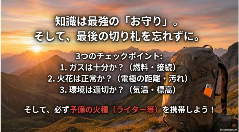 ガス、火花、環境の3大チェックポイントと、予備の火種（ライター等）携帯の重要性をまとめた最終スライド